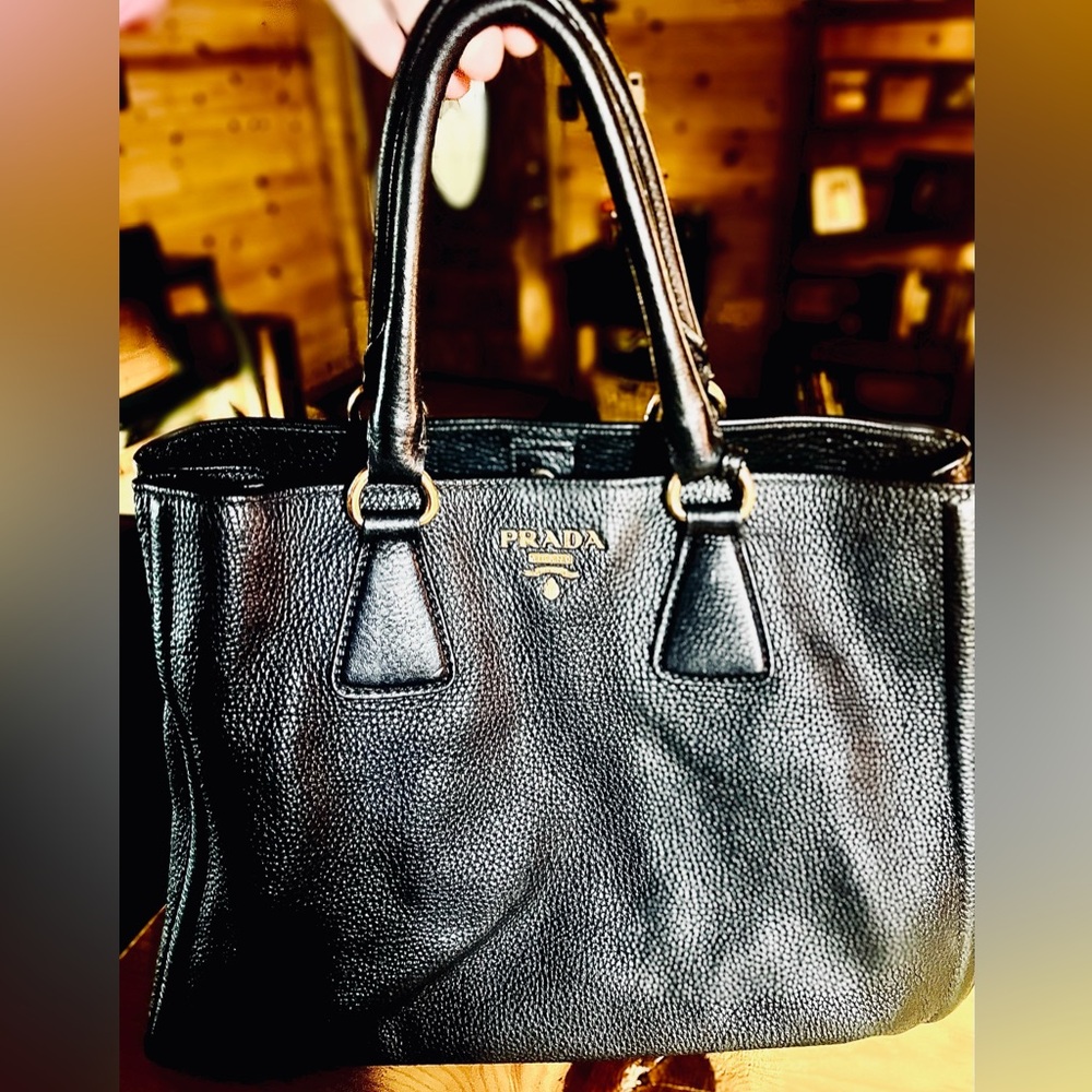 Prada: Vitello Daino Small Shopping Tote Black with Gold Accents
